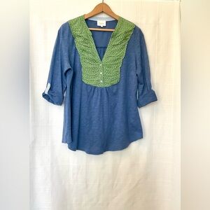Anthropologie Deletta Blue Blouse with Green Detailing